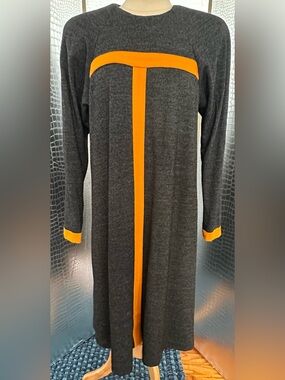 Lillie Rubin Vintage Charcoal Long Sleeve Dress with Orange Trim